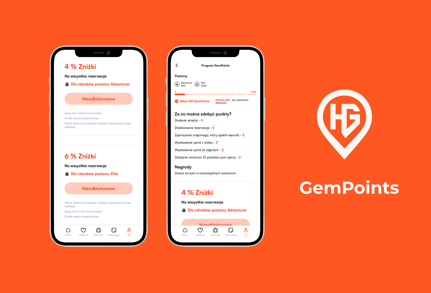 Dwa zrzuty ekranu z aplikacji HiddenGems pokazujące aktywne GemPoints.