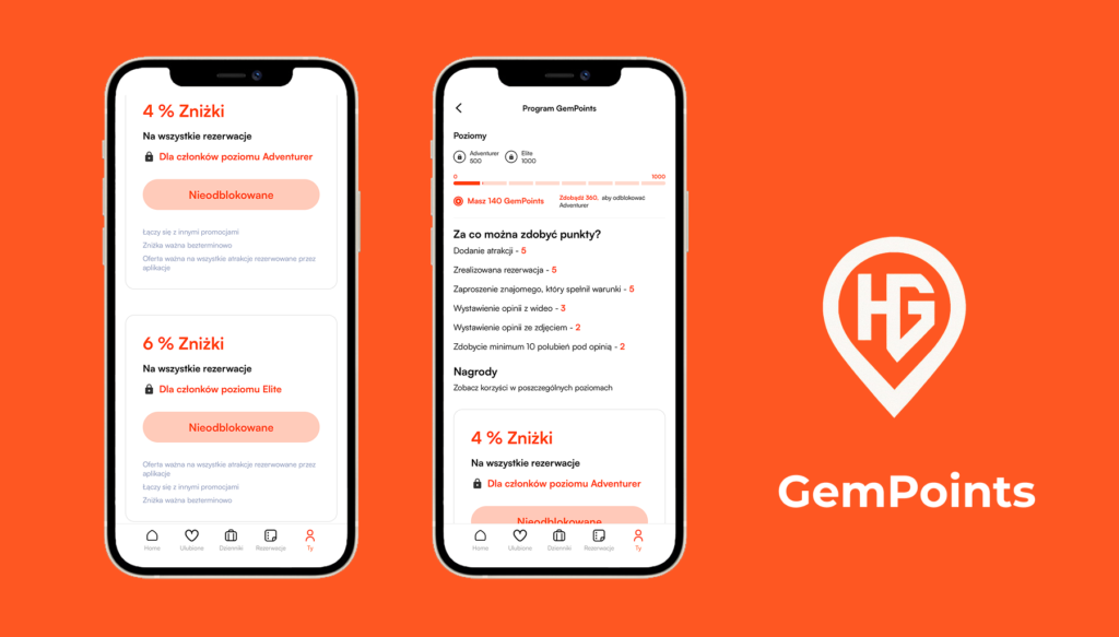 Dwa zrzuty ekranu z aplikacji HiddenGems pokazujące aktywne GemPoints.
